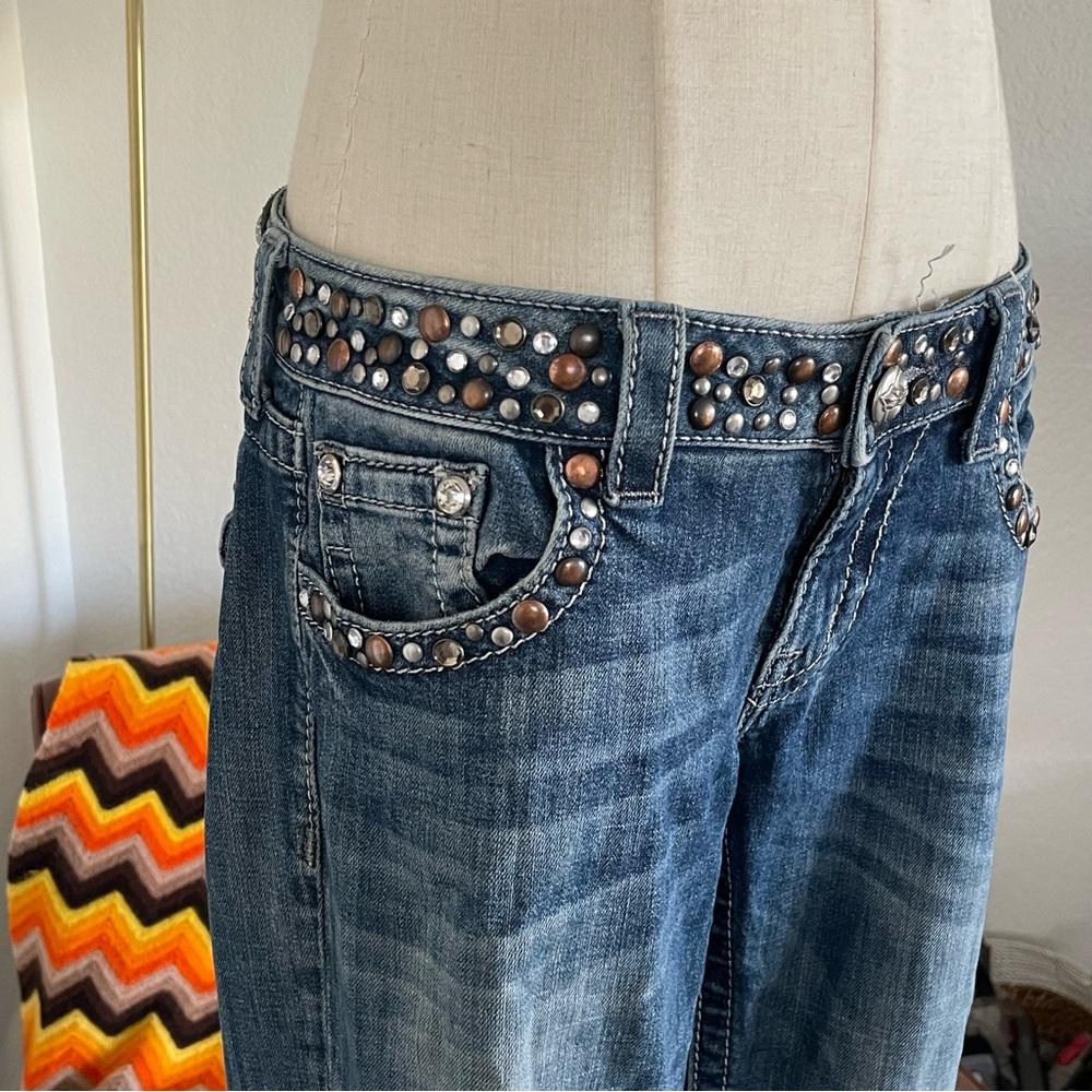 SOLD Y2K Miss Me Cowgirl Biker Studded Rhinestone Low Rise Boot Cut Jeans - Picture 3 of 12